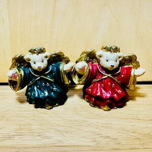 Vintage Twin Teddy Bear Angel Christmas Tree Ornaments Paired Resin